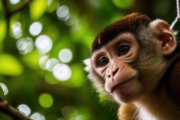 Imagem de um macaco curioso se balançando em galhos de árvores