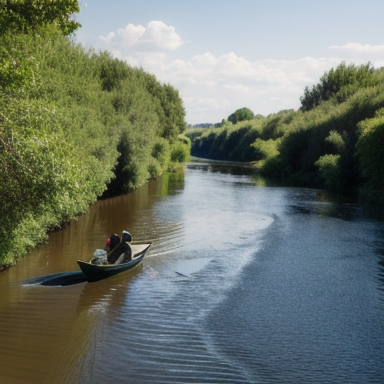 Imagem de uma paisagem tranquila de um rio com uma pessoa pescando em um barco