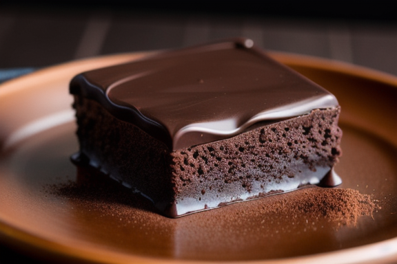 Imagem de um pedaço de chocolate com uma mordida, com uma textura brilhante e cor escura, cercado por cacau em pó e raspas de chocolate