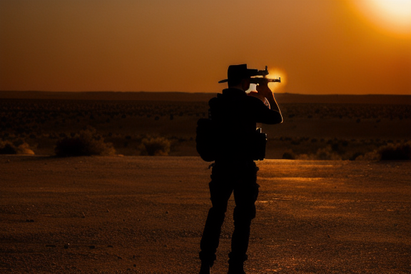 Person shooting gun in desert