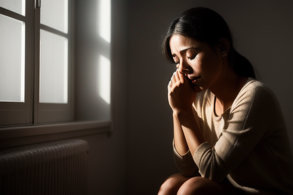 Person crying in a dimly lit room