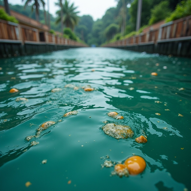 Água suja e turva em uma piscina de ondas de um parque aquático.
