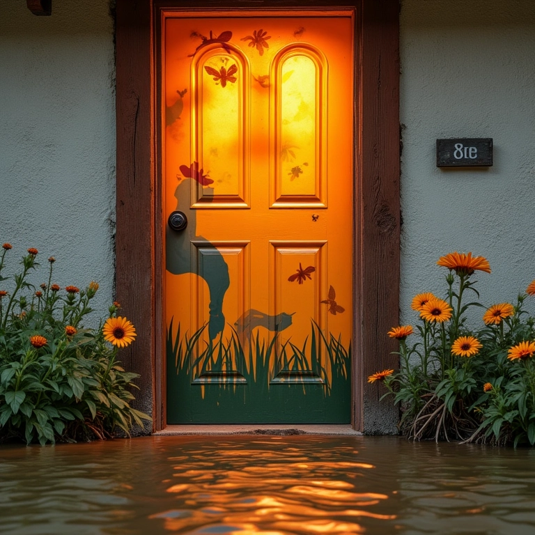 Água suja invadindo casa com decoração vibrante, estilo 'Farm Rio'.