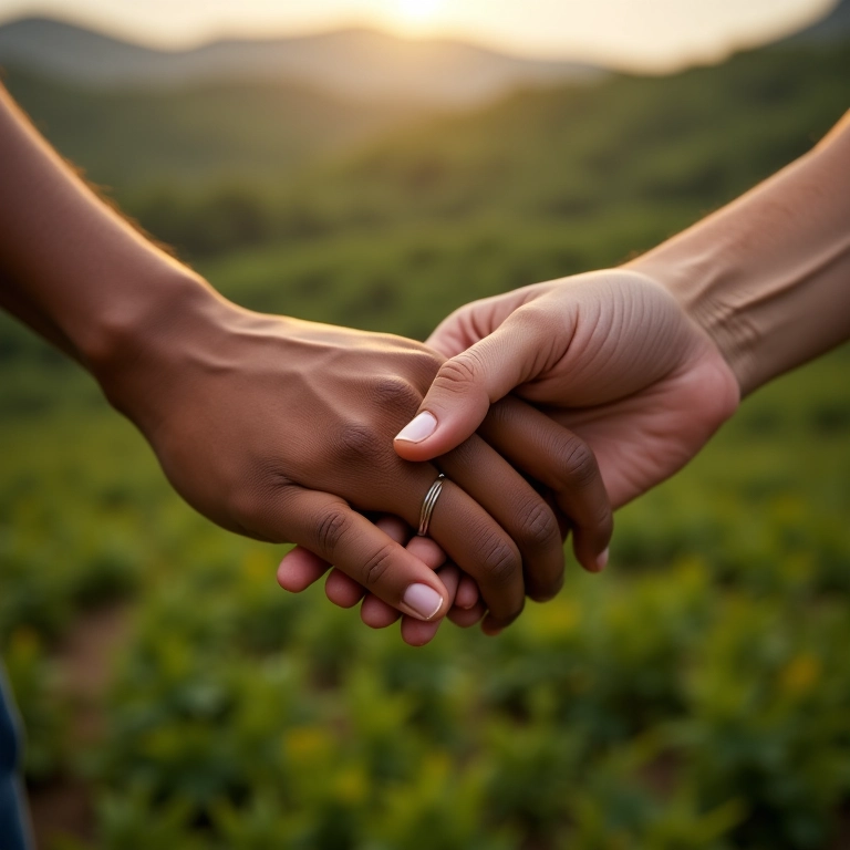 Aliança de casamento nas mãos de casal diverso, simbolizando compromisso.