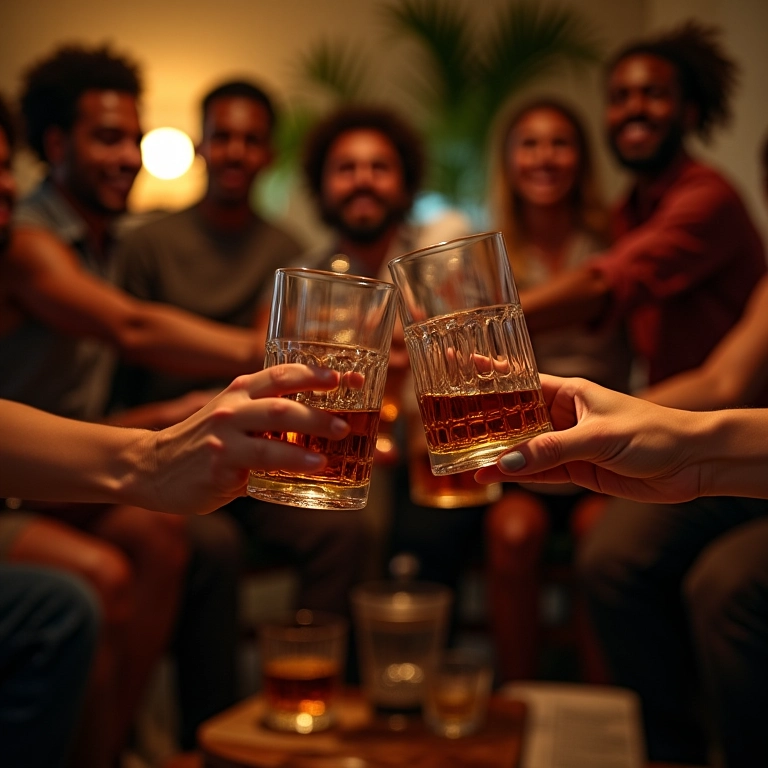 Amigos brindando com whisky em sala aconchegante