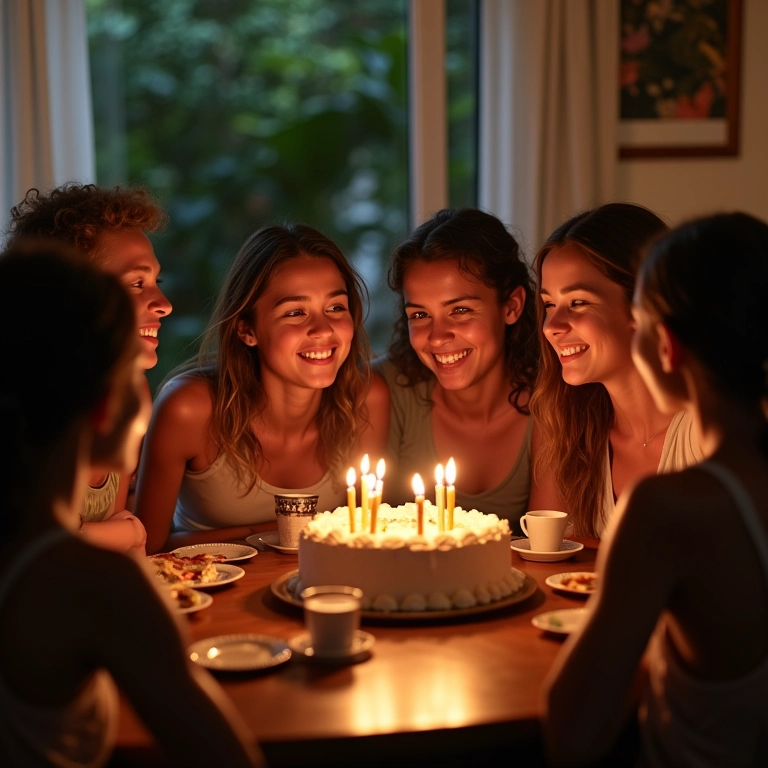 Amigos comemorando aniversário em apartamento brasileiro.