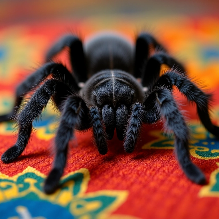 Aranha caranguejeira grande em tecido colorido brasileiro, foto realista.