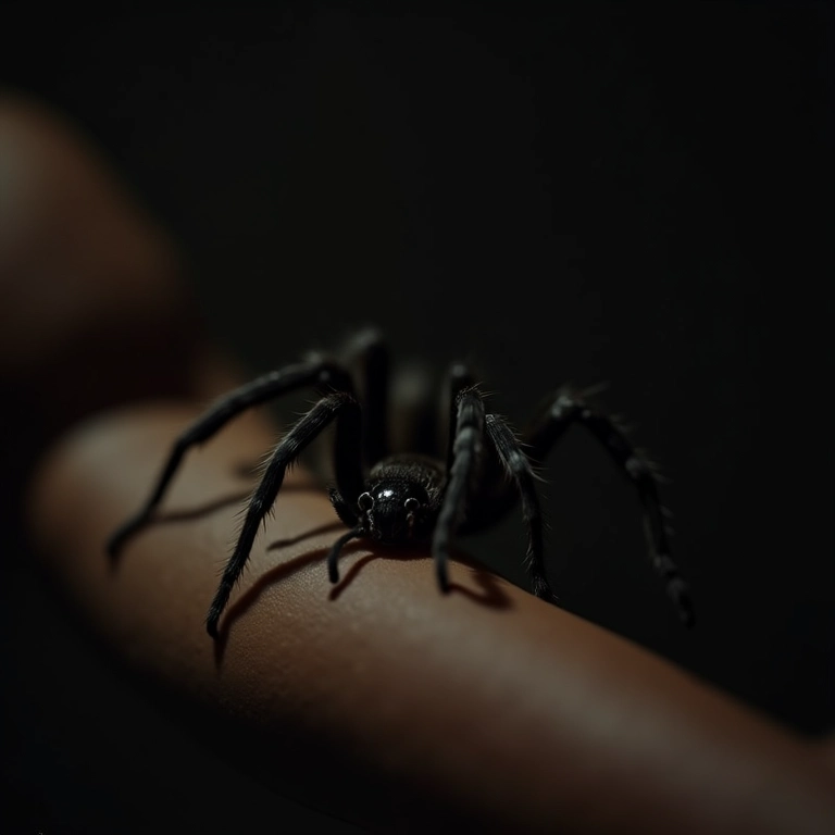Aranha caranguejeira picando o braço de uma pessoa, cena de alerta.