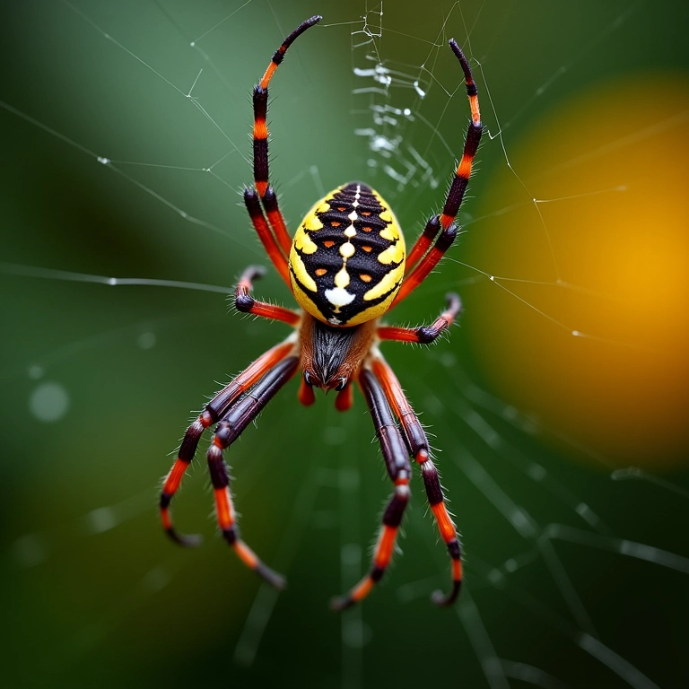 Aranha tecendo teia em ambiente colorido estilo Farm Rio.