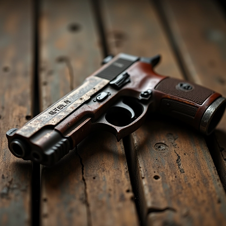 Arma de fogo enferrujada sobre tábuas de madeira desgastadas em antiga fazenda brasileira.