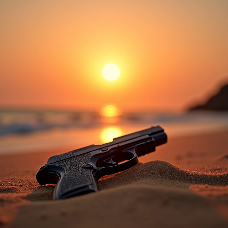 Arma de fogo parcialmente enterrada na areia, encontrada em praia brasileira ao entardecer.