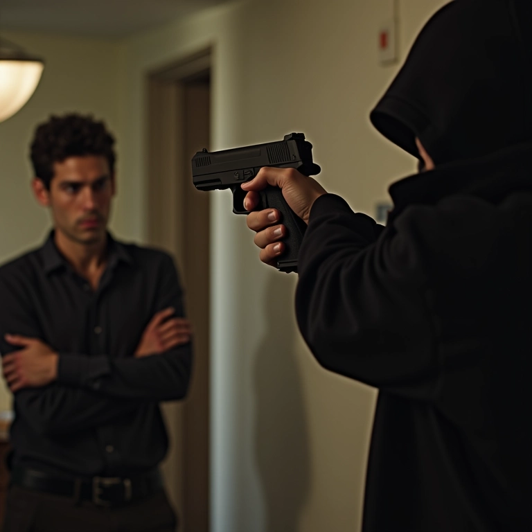 Assaltante aponta arma para pessoa amedrontada, simbolizando o medo e a violência.