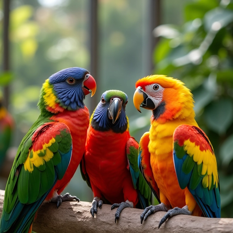 Aves exóticas em um zoológico, simbolizando sonhos e liberdade.