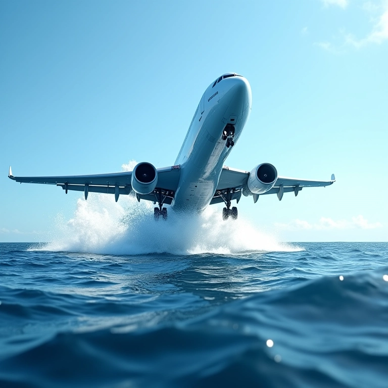 Avião caindo no oceano com grande impacto.