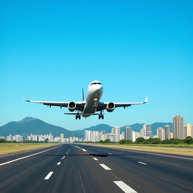 Avião decolando com paisagem urbana brasileira ao fundo, representando novos começos e oportunidades.