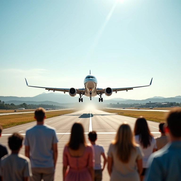 Avião pousando com pessoas observando no terminal, representando retornos e conclusões.