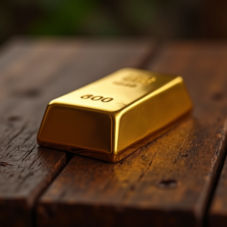 Barra de ouro brilhante em cima de uma mesa de madeira rústica.