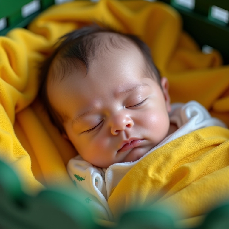 Bebê recém-nascida dormindo serenamente em berço colorido.