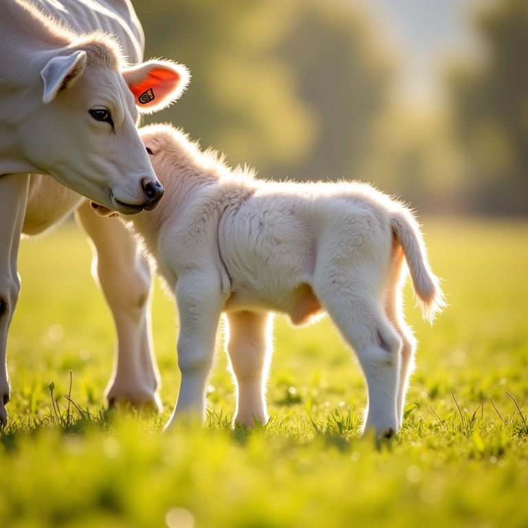 Bezerro branco mamando na vaca em pasto.