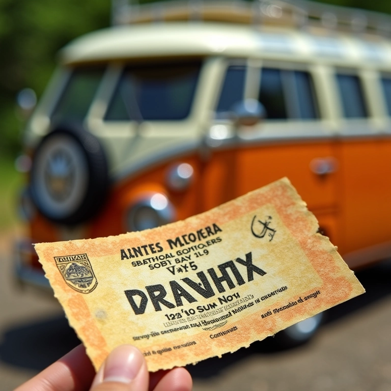 Bilhete de loteria com Kombi ao fundo, simbolizando sonho e sorte.