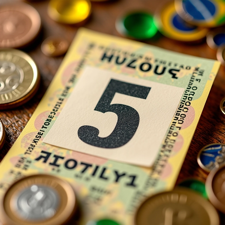 Bilhete de loteria com o número 5 em destaque, simbolizando sonhos de sorte e oportunidades financeiras.