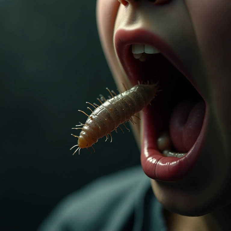 Boca aberta com larvas emergindo sutilmente, representando um sonho perturbador.