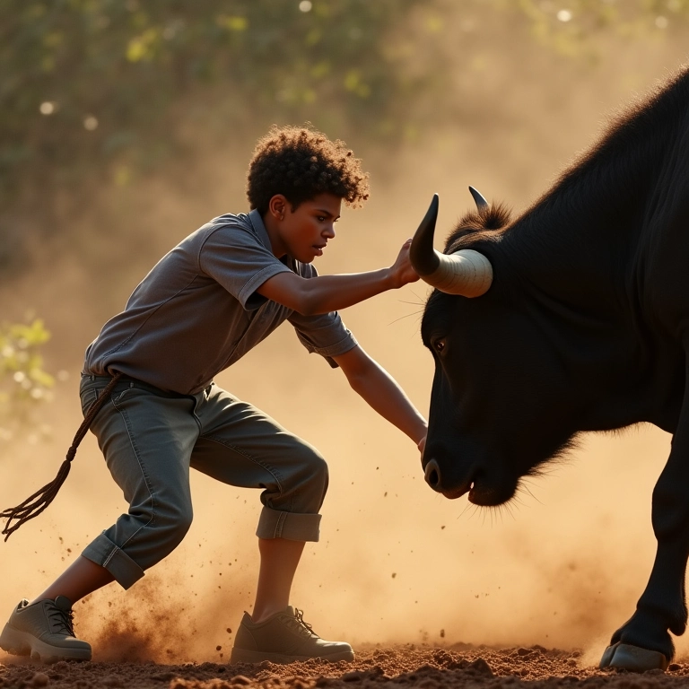 Boi bravo atacando pessoa que se defende.