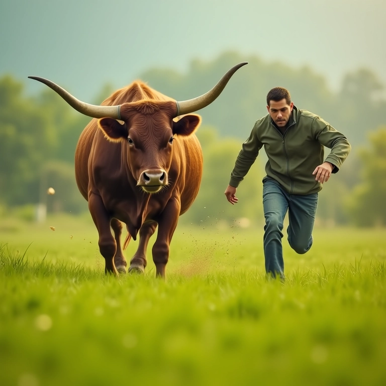 Boi bravo correndo atrás de uma pessoa em um campo verde.
