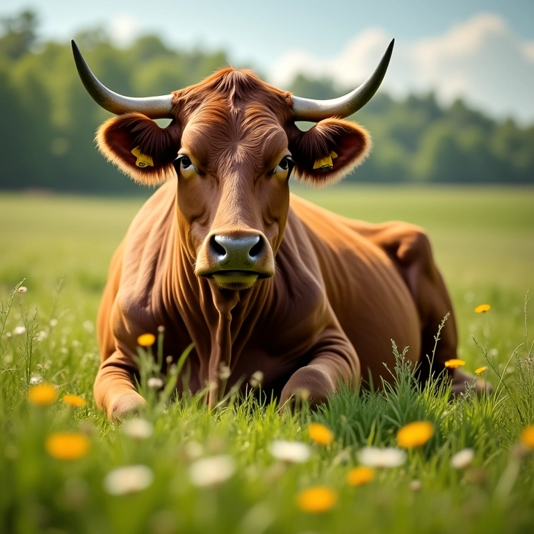 Boi bravo em um pasto tranquilo com flores.