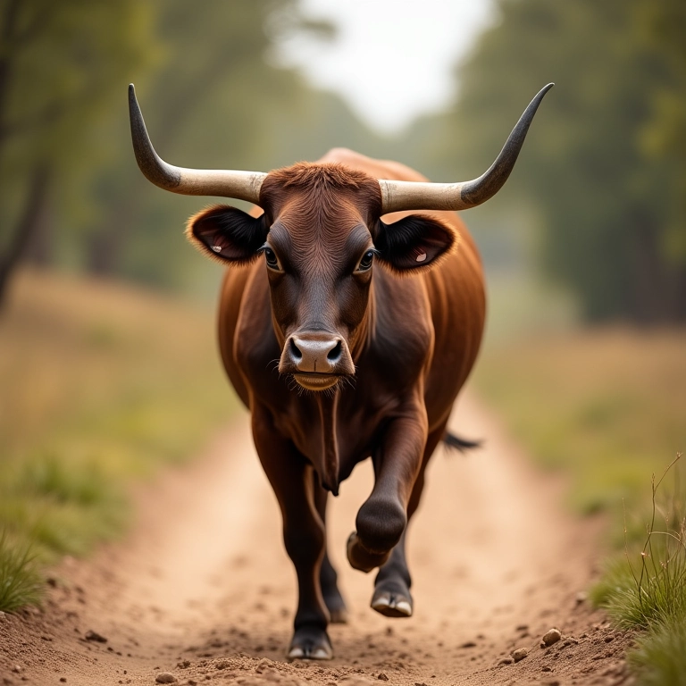 Boi correndo em direção à câmera em estrada de terra.