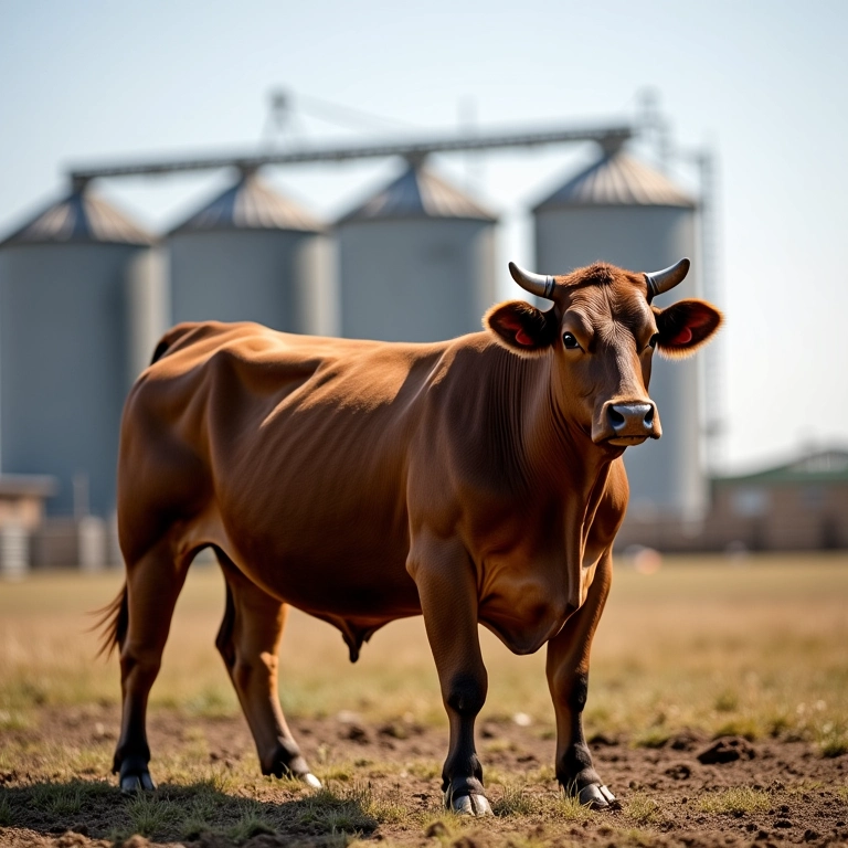 Boi gordo em fazenda próspera com silos de grãos.