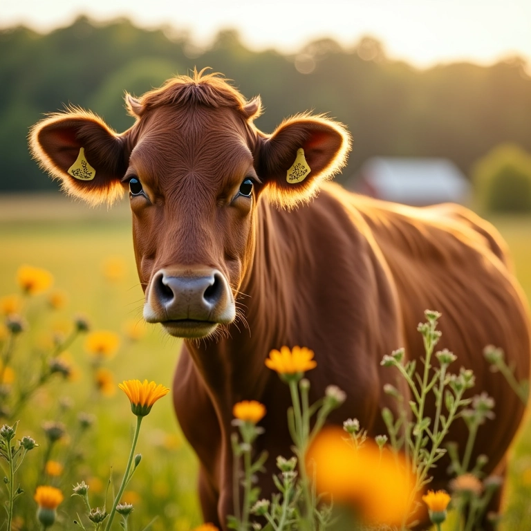 Boi marrom manso pastando em campo ensolarado.