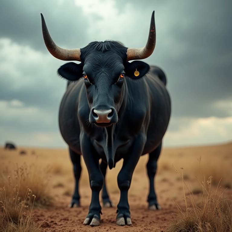 Boi preto bravo em campo empoeirado com tempestade.