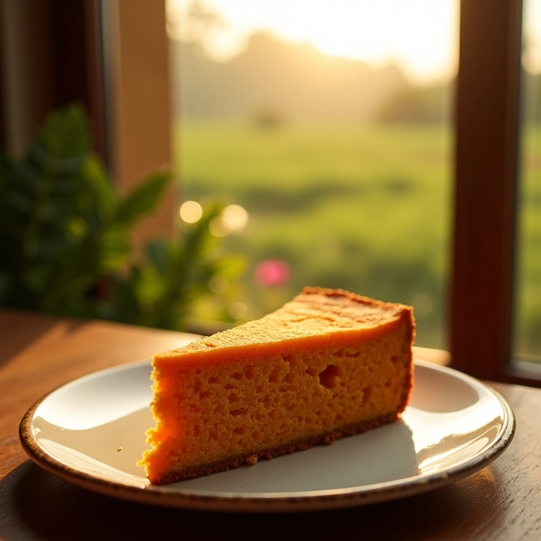Bolo de cenoura caseiro em prato vintage, com vista para paisagem rural brasileira.