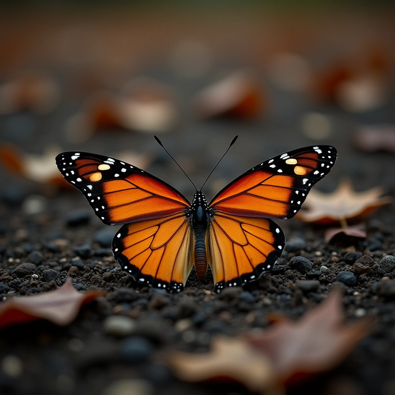 Borboleta morta no chão, simbolizando perda.