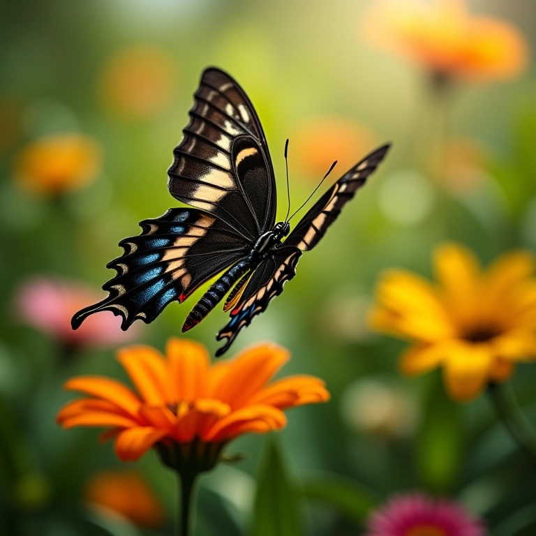 Borboleta voando livremente em jardim florido.