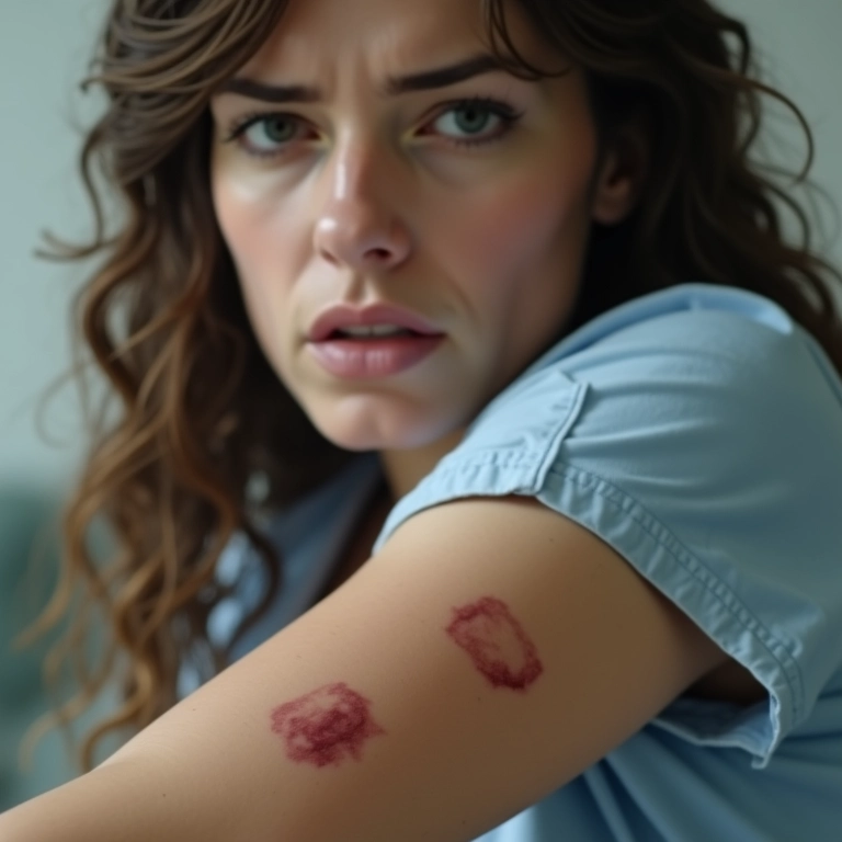 Braço com marcas de picada de cobra, expressão preocupada.