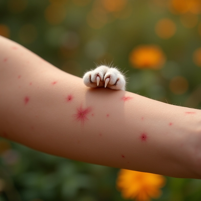 Braço de mulher com arranhões e garras de gato visíveis.