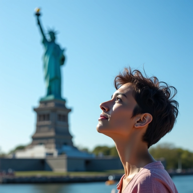 Brasileira admirando a Estátua da Liberdade em um sonho, com expressão de admiração.