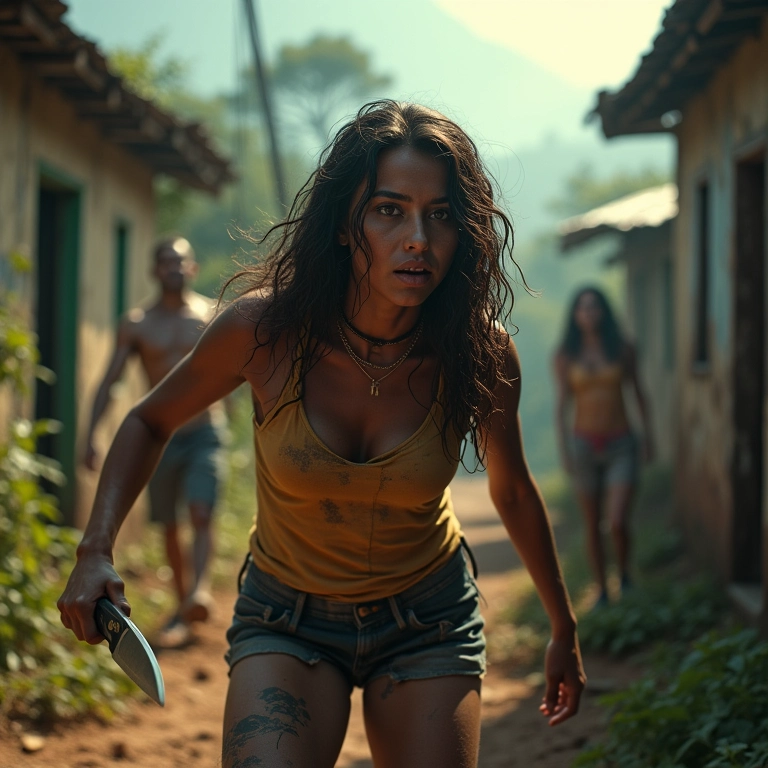 Brasileira luta contra zumbis com facão em cidade destruída, sonho de batalha.