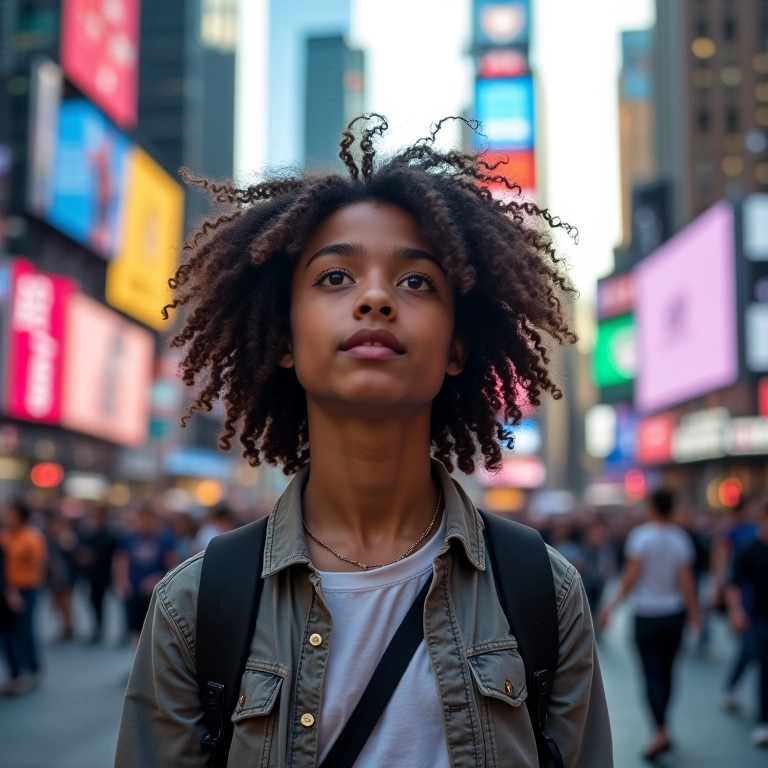 Brasileira visitando Times Square pela primeira vez em um sonho, com expressão de surpresa.