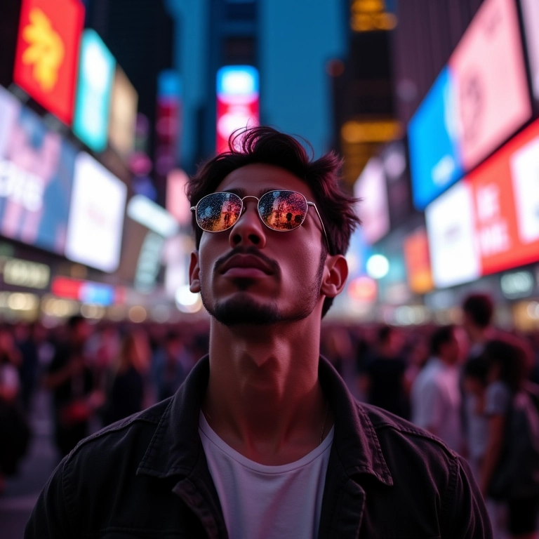 Brasileiro sonhando em Times Square, com as luzes de neon refletindo em seus olhos.
