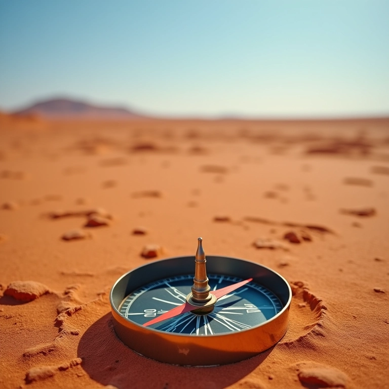 Bússola apontando para lugar nenhum no deserto brasileiro.