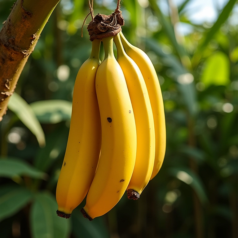 Cacho de banana maduro pendurado em quintal ensolarado no Brasil. Vegetação exuberante ao fundo.