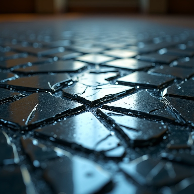 Cacos de espelho no chão, refletindo luz e sombras, em um piso de cerâmica brasileiro.