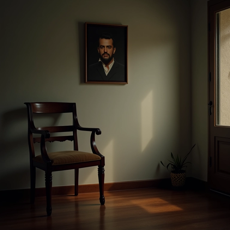 Cadeira vazia e foto emoldurada, representando 'Sonhar com o suicídio de um amigo'.