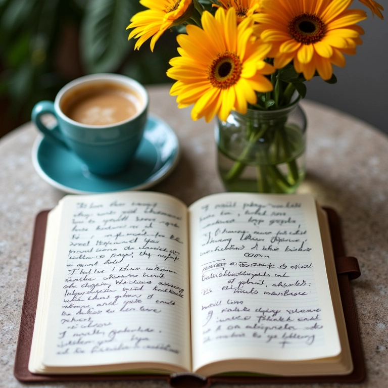 Caderno aberto com anotações sobre sonhos, café e flores, simbolizando a importância de registrar os sonhos.