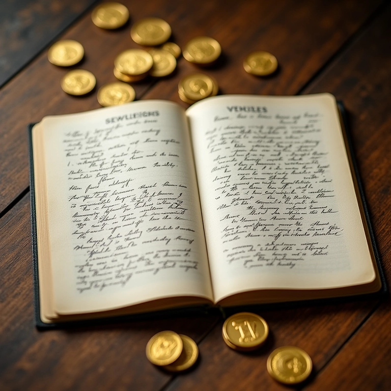Caderno aberto com moedas de ouro e anotações sobre interpretação de sonhos.