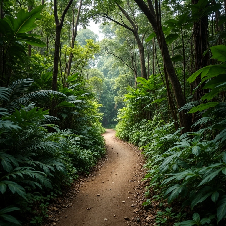 Caminho sinuoso em floresta exuberante com placa de alerta de cobra sutil.