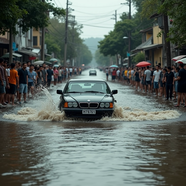 Carro sendo arrastado pela correnteza em rua alagada no Brasil, pessoas observam em choque.
